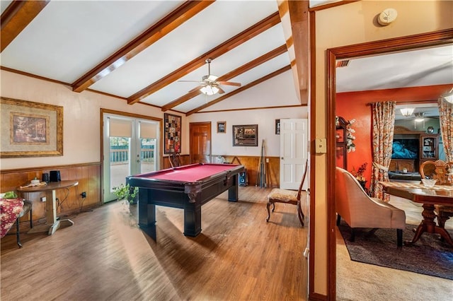 rec room featuring french doors, billiards, hardwood / wood-style flooring, and vaulted ceiling with beams