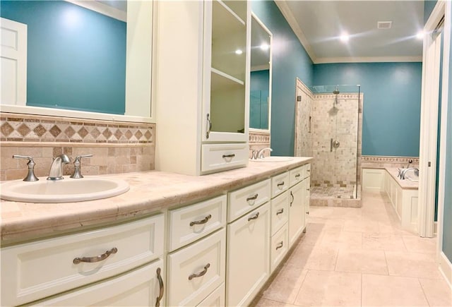 bathroom featuring shower with separate bathtub, tile walls, vanity, and tile patterned floors