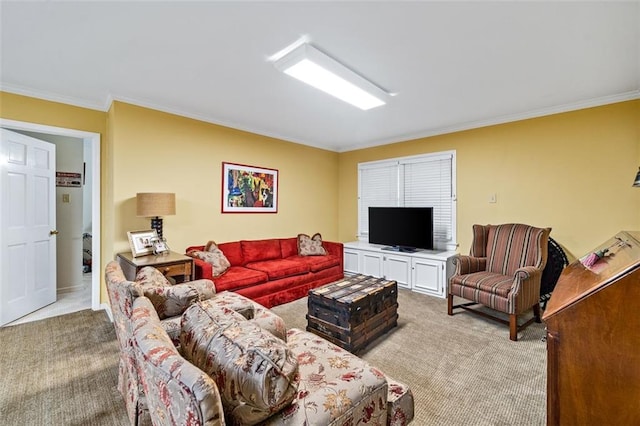 carpeted living room with crown molding