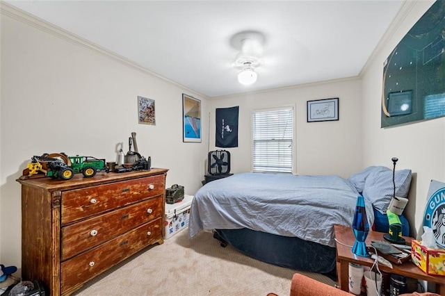 carpeted bedroom with crown molding