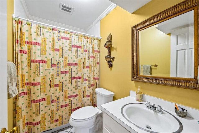 bathroom with tile flooring, vanity, toilet, and crown molding