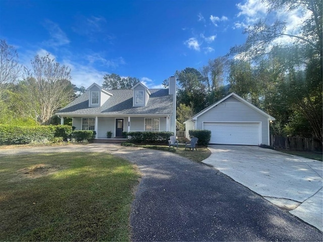 cape cod-style house featuring a front yard, a garage, and covered porch