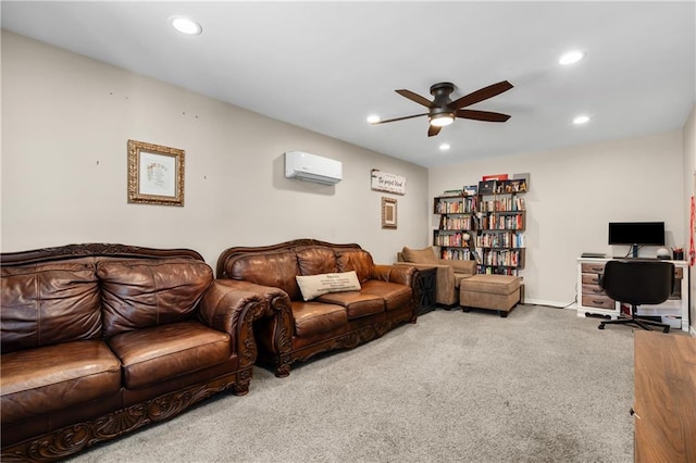 living room with carpet, ceiling fan, and a wall mounted air conditioner