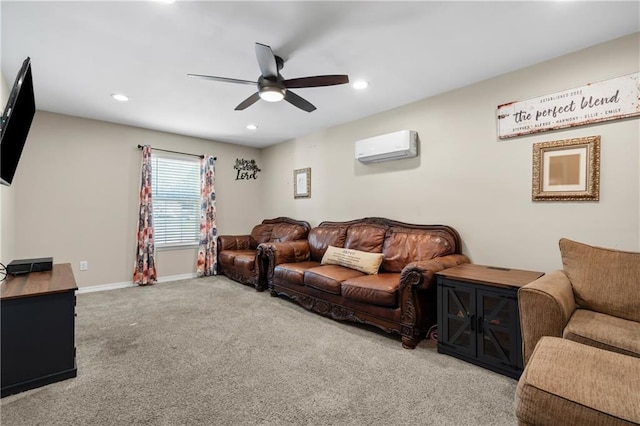 carpeted living room with an AC wall unit and ceiling fan