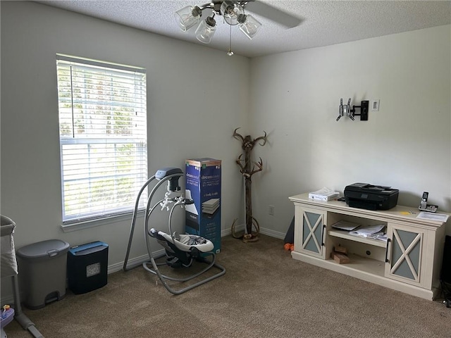 miscellaneous room with ceiling fan, carpet floors, and a textured ceiling