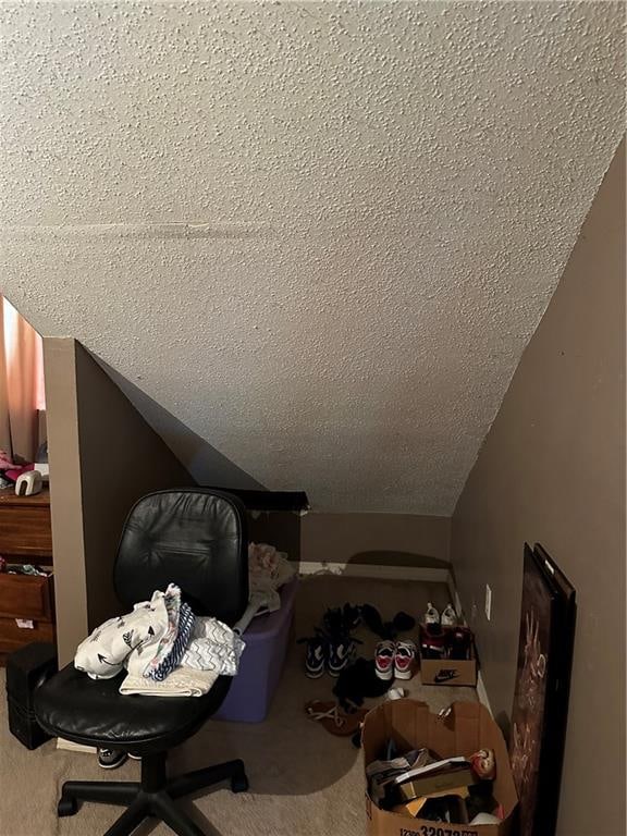 interior space featuring a textured ceiling, carpet flooring, and lofted ceiling