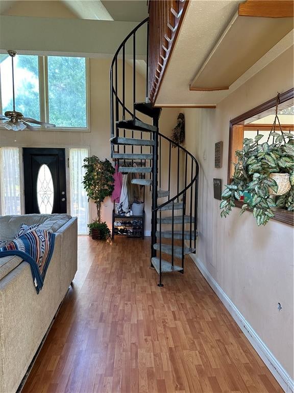 foyer with ceiling fan and wood-type flooring