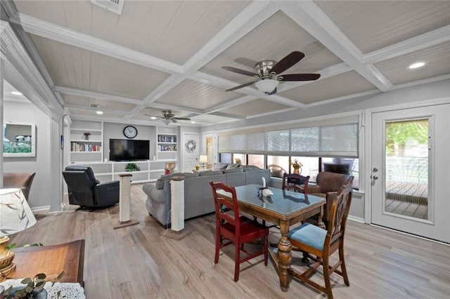 3120 Riviere Du Chien Loop W, Mobile, AL 36693 - dining area featuring coffered ceiling, ceiling fan, light wood-style floors, beam ceiling, and built in features