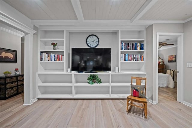 3120 Riviere Du Chien Loop W, Mobile, AL 36693 - sitting room with wood finished floors, built in features, crown molding, and a wood ceiling with exposed beams