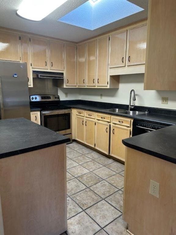 kitchen with light brown cabinetry, extractor fan, sink, light tile patterned floors, and appliances with stainless steel finishes