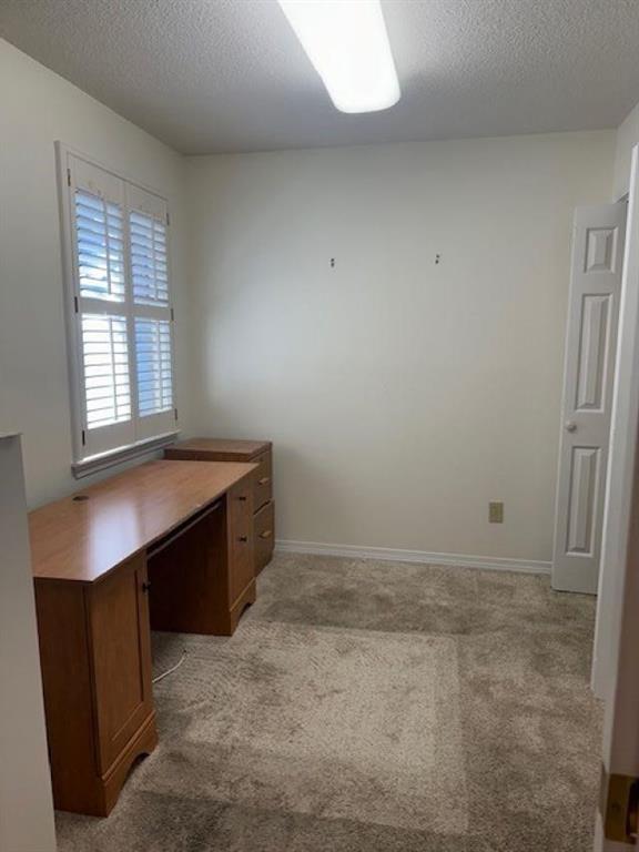 unfurnished office with light colored carpet and a textured ceiling