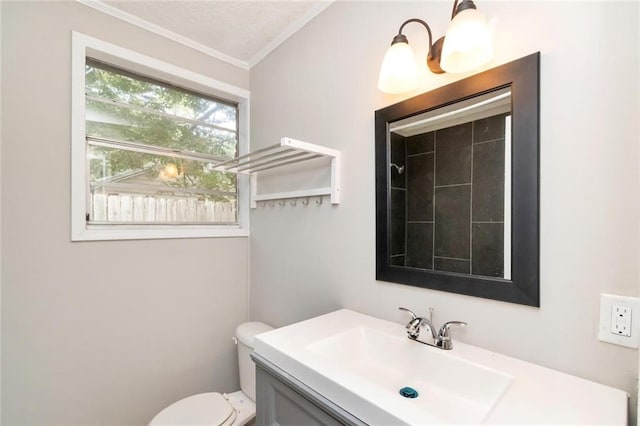 bathroom featuring crown molding, vanity, and toilet