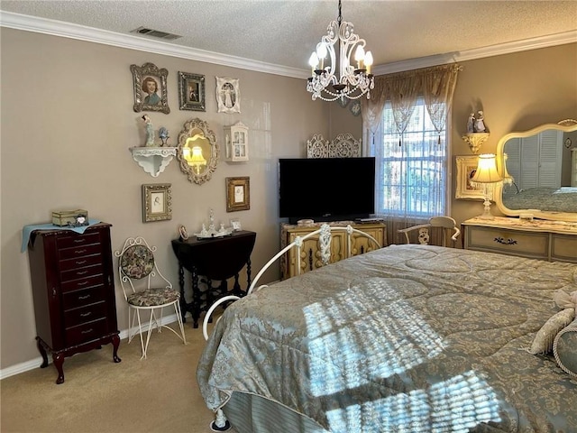 bedroom with carpet, a chandelier, a textured ceiling, and ornamental molding