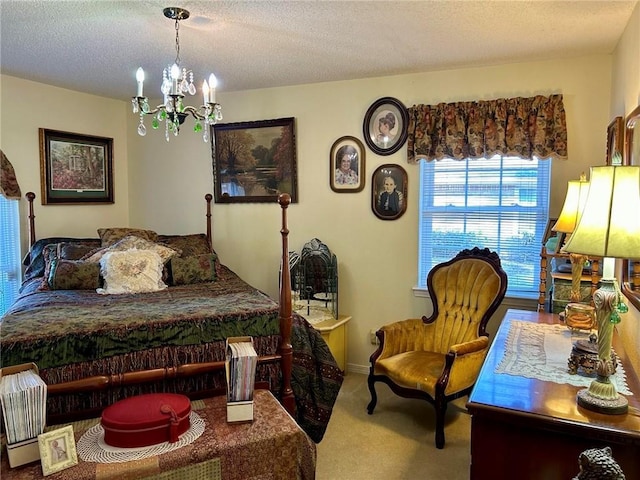 carpeted bedroom with a textured ceiling and a chandelier