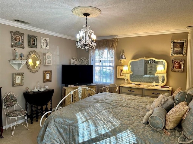 carpeted bedroom with a textured ceiling, ornamental molding, and a notable chandelier