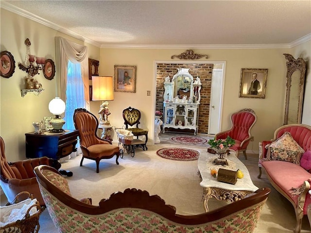 sitting room with carpet, a textured ceiling, and crown molding