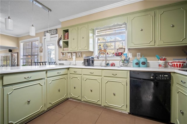 kitchen with dishwasher, pendant lighting, dark tile patterned flooring, and sink