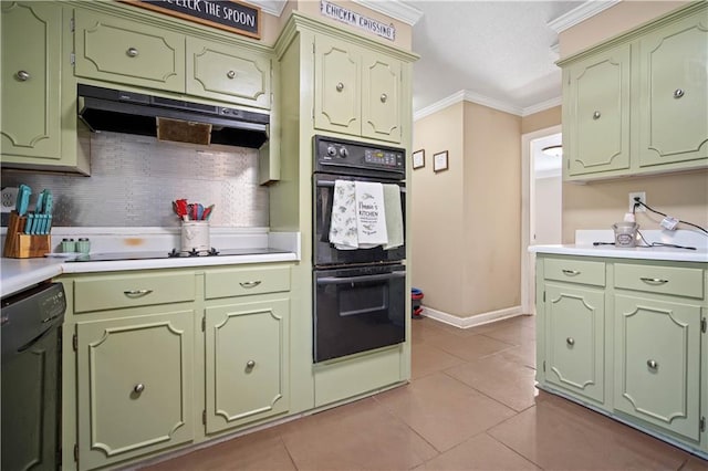 kitchen with black appliances, decorative backsplash, light tile patterned floors, and crown molding