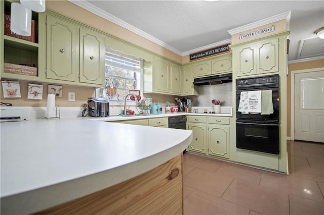 kitchen featuring crown molding, sink, black double oven, light tile patterned flooring, and kitchen peninsula