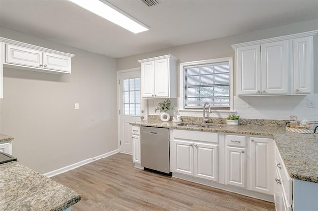 kitchen with dishwasher, light hardwood / wood-style floors, sink, white cabinetry, and light stone counters