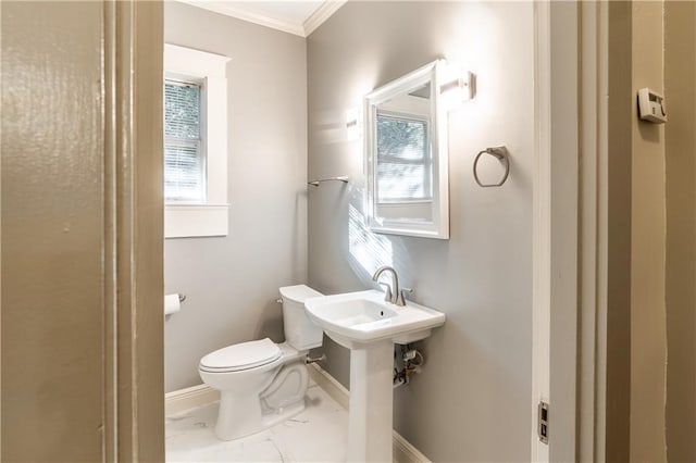 bathroom with ornamental molding and toilet