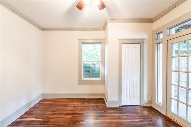 unfurnished bedroom featuring ceiling fan, dark hardwood / wood-style flooring, and ornamental molding