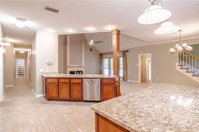 kitchen with pendant lighting, dishwasher, ceiling fan with notable chandelier, and vaulted ceiling