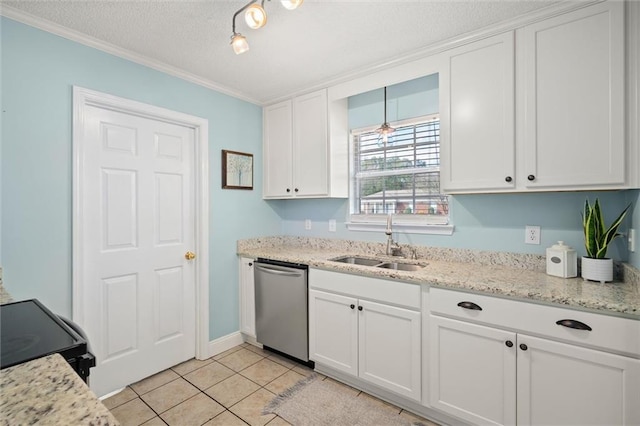 kitchen with a sink, white cabinets, dishwasher, and light tile patterned flooring