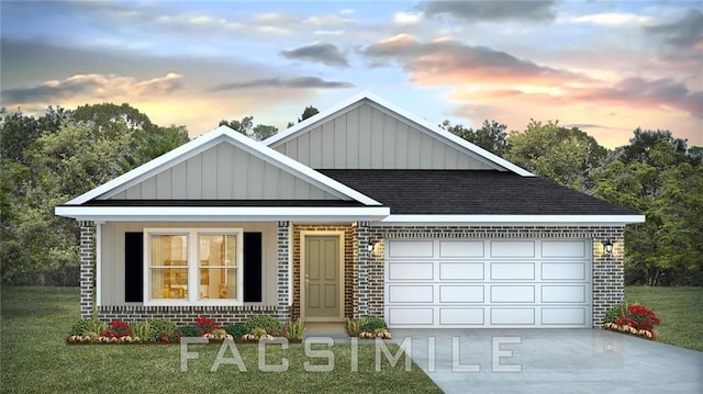 10471 Lowell St W, Mobile, AL 36695 - view of front of home featuring brick siding, board and batten siding, concrete driveway, and a front yard