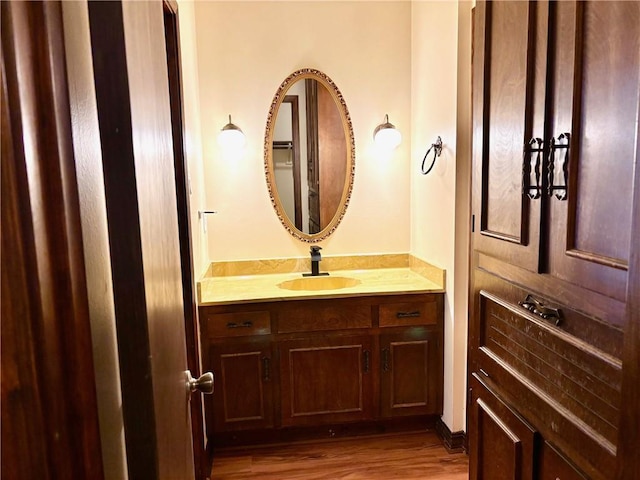 bathroom with wood finished floors and vanity