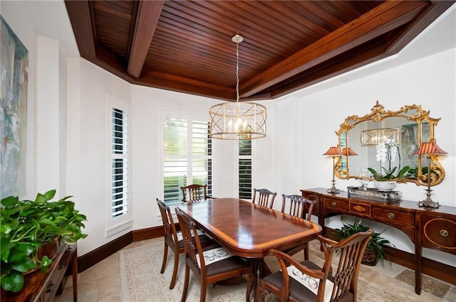 dining space with wood ceiling, a tray ceiling, and an inviting chandelier