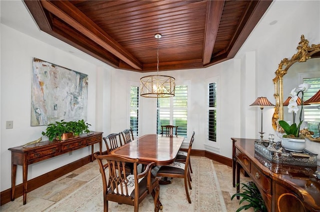 dining space featuring a chandelier, a raised ceiling, and wooden ceiling