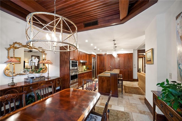 dining space with sink, wood ceiling, and a notable chandelier