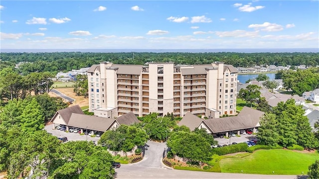 bird's eye view with a water view