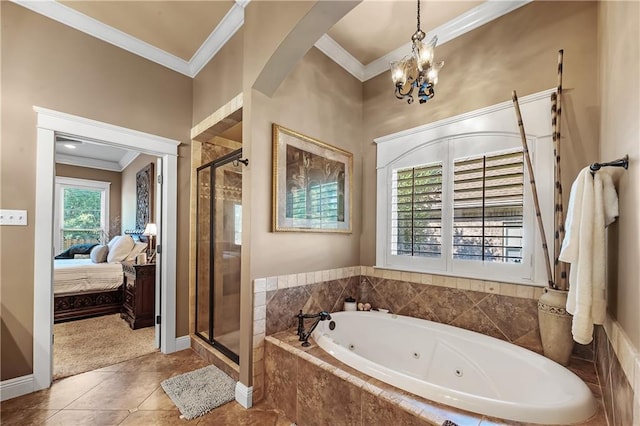 bathroom featuring ornamental molding, an inviting chandelier, and independent shower and bath