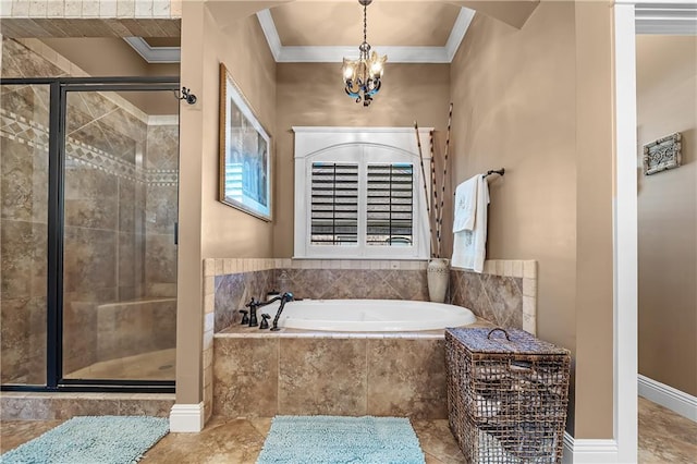 bathroom with crown molding, a chandelier, and shower with separate bathtub