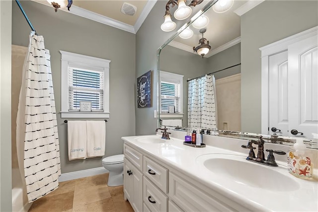 full bathroom with ornamental molding, vanity, plenty of natural light, and toilet