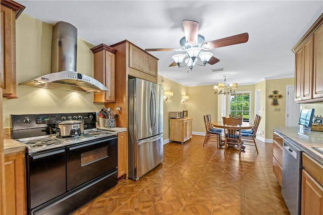 kitchen with appliances with stainless steel finishes, brown cabinetry, light countertops, and wall chimney exhaust hood