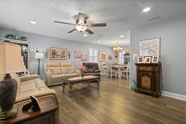 5719 Laurel Dr, Satsuma, AL 36572 - living room with a textured ceiling, ceiling fan, a chandelier, recessed lighting, and wood finished floors