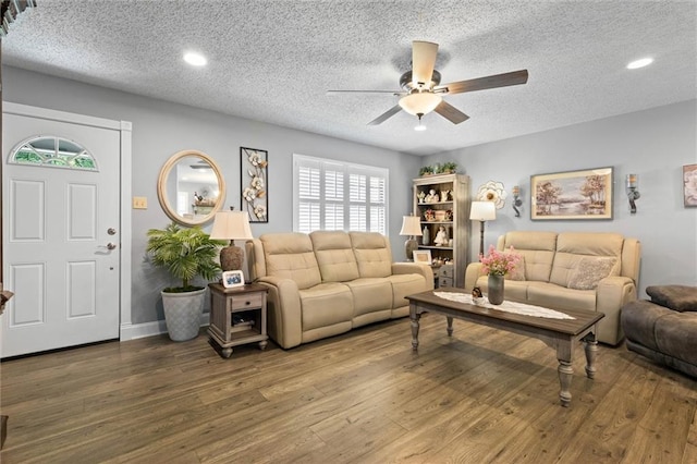 5719 Laurel Dr, Satsuma, AL 36572 - living area featuring a ceiling fan, wood finished floors, a textured ceiling, recessed lighting, and baseboards