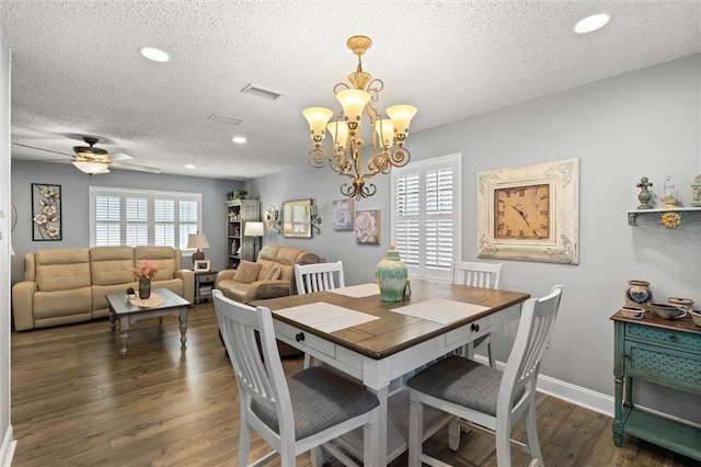 5719 Laurel Dr, Satsuma, AL 36572 - dining area featuring a chandelier, a textured ceiling, wood finished floors, recessed lighting, and ceiling fan