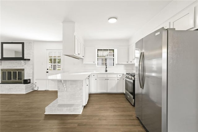 kitchen featuring stainless steel appliances, dark hardwood / wood-style flooring, a fireplace, white cabinets, and sink