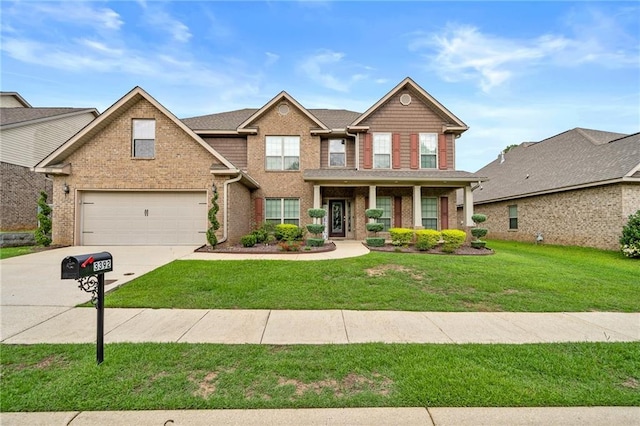 craftsman-style house featuring a garage, a porch, and a front lawn