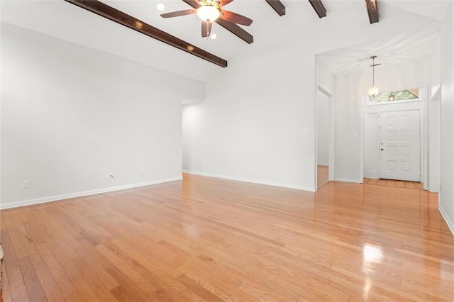 unfurnished living room featuring ceiling fan, high vaulted ceiling, beam ceiling, and light hardwood / wood-style floors