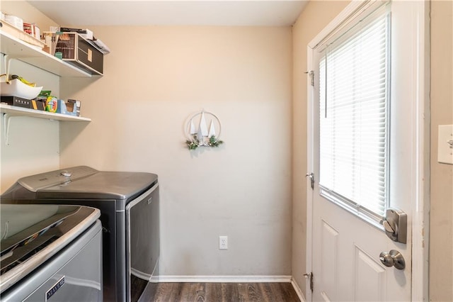 6250 Vivian Broadus Rd, Eight Mile, AL 36613 - laundry room featuring separate washer and dryer, healthy amount of natural light, and dark wood finished floors