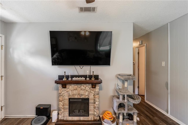 6250 Vivian Broadus Rd, Eight Mile, AL 36613 - living area with wood finished floors, a textured ceiling, and a fireplace