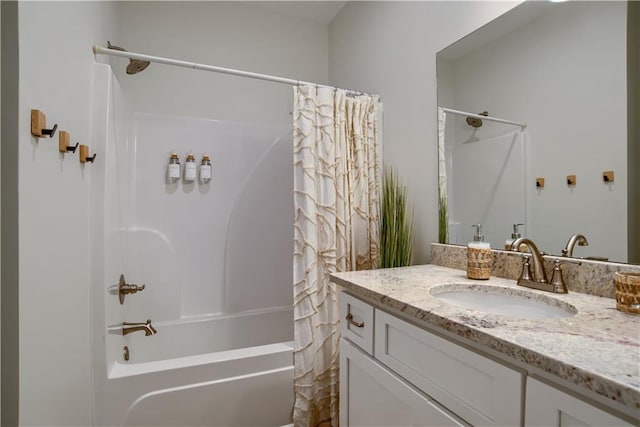 bathroom with vanity and shower / bathtub combination with curtain