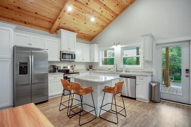 kitchen with wooden ceiling, a center island, stainless steel appliances, high vaulted ceiling, and white cabinets