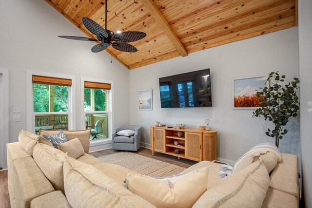 living room featuring wooden ceiling, high vaulted ceiling, hardwood / wood-style floors, and ceiling fan