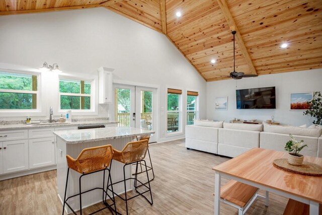 kitchen featuring wood ceiling, white cabinetry, high vaulted ceiling, and a center island